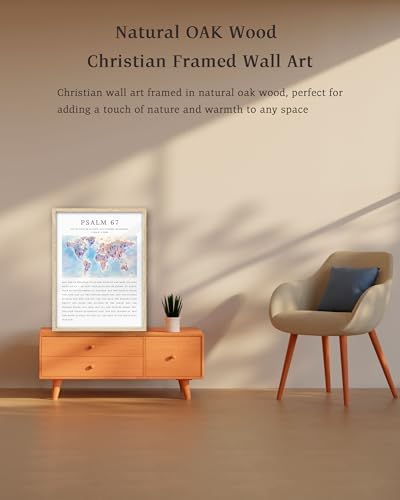 KensTro 12x16 Oak Framed Psalm 67 Christian World Map Wall Art