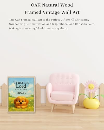 KensTro 12x16 Oak Framed Proverbs 3:5 Puppy Christian Wall Art