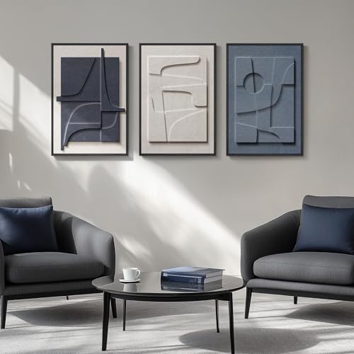 3D Textured Framed Blue and White Abstract Wall Art Set, 3 Piece, 16x24 In