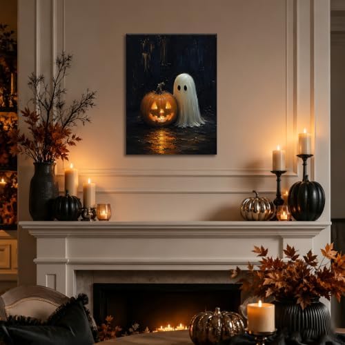 ILLBDR Halloween Ghost with Glowing Pumpkin Canvas Wall Art 16x24 inch
