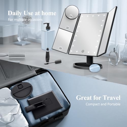 HUONUL 2X/3X/10X Magnifying Vanity Mirror with Light, Trifold Makeup Mirror