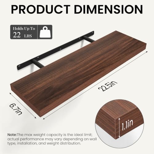 BAYKA Walnut-Like Floating Shelves 22.5in, 2 Pack, Wall Mounted Wall Decor