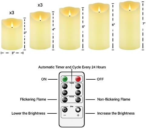 Nimiko Flameless Candles with Remote, Battery Operated Flickering Flameless Candles, LED Candles with Timer 2/4/6/8H, with Realistic LED Candles Set of 9 (D3 x H 3" 4" 5" 6" 7") (Ivory)