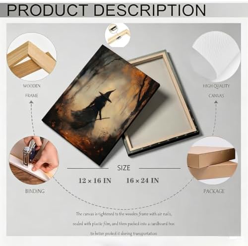 ILLBDR Halloween Witch with Broomstick Canvas Wall Art 12x16 inch