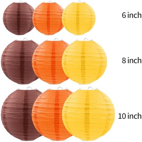 Fall Paper Lanterns, Yellow Orange Brown Thanksgiving Hanging Paper Lanterns for Autumn Harvest Birthday Bridal Shower Baby Shower Party Decor (9 PCS)