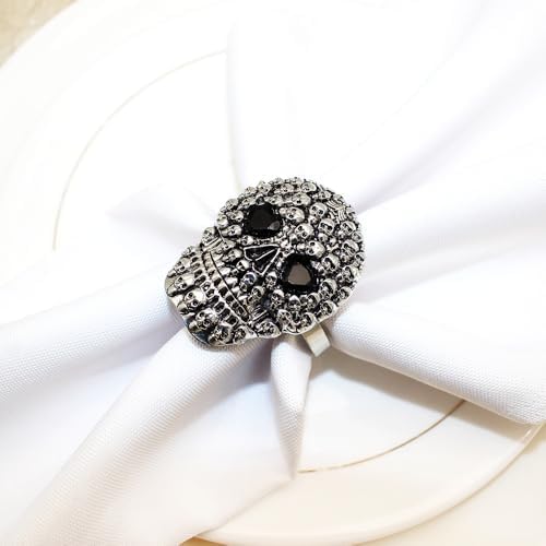 Halloween Napkin Rings Set of 6, Black Rhinestone Skull Head Napkin Holder Rings for Holiday Party Dinner Wedding Banquet Dinning Table Settings Decoration (Skull-6pc)