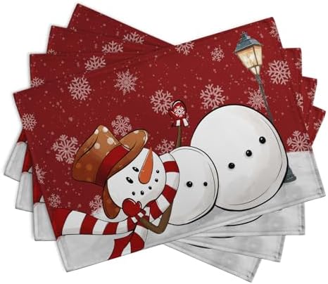 Red Snowman Snowflake Christmas Placemats Set of 4 Seasonal Winter Linen Table Mats 12x18 Inch Xmas Holiday Snow Farmhouse Rustic Washable Place Mat for Party Kitchen Dining Outdoor Indoor Decor