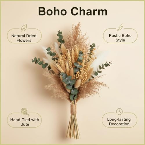 355PCS Dried Pampas Grass Bouquet Set – Dried Eucalyptus, Brown Pampas Grass & White Pampas Grass for Boho Baby Shower Decorations, Boho Wedding Decor, Pampas Grass Wall Decor, Home Decorations Modern