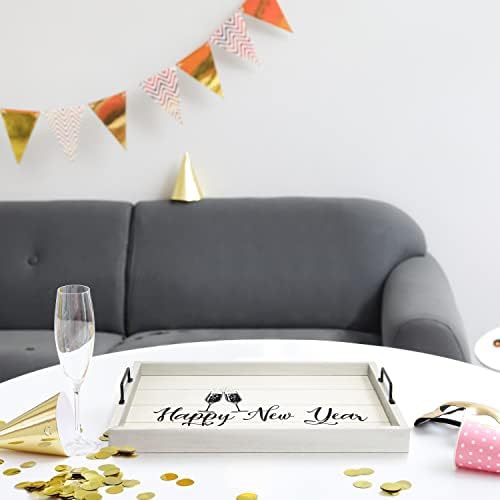 Elegant Designs HG2000-GNY Champagne Toast Decorative Wood Serving Tray w/Handles, 15.50" x 12", Light Gray Happy New Year