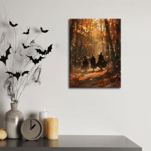 ILLBDR Halloween Witch in Autumn Forest Canvas Wall Art 12x16 inch