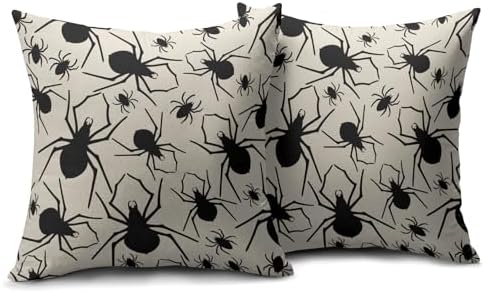 Cream Halloween Pillow Covers 20x20 Set of 2 Black Spider Print Outdoor Decorative Throw Pillows Holiday Scary Themed Farmhouse Pillowcases Linen Cushion Case Decor for Home Sofa Couch Bed