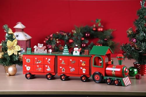 Christmas Wooden Advent Calendar Train with 24 Drawers for Adults Kids Christmas Countdown Decoration (Red&Black&Green Big Train) 24 Inch