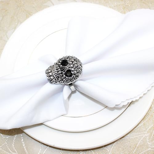 Halloween Napkin Rings Set of 6, Black Rhinestone Skull Head Napkin Holder Rings for Holiday Party Dinner Wedding Banquet Dinning Table Settings Decoration (Skull-6pc)