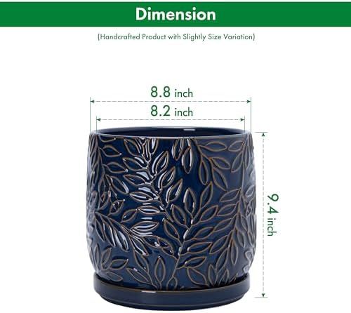 D'vine Dev Embossed Leaves Ceramic Planter, 8 in, Midnight Blue, 27-A-Q-3