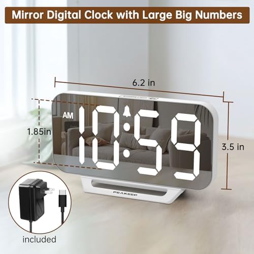 Peakeep Slim Digital Mirror Aesthetic Alarm Clock for Bedrooms Desk Decor