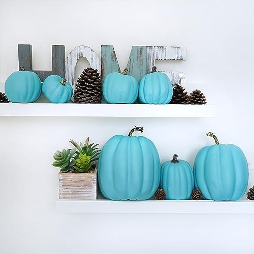 Winlyn 7 Pcs Assorted Artificial Teal Blue Pumpkins Halloween Faux Coastal Decorative Foam Pumpkins for Fall Baby Shower Thanksgiving Halloween Table Centerpiece Shelf Mantel Décor