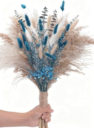 Real Blue Boho Decor Pampas Grass and Babys Breath, Eucalyptus Bouquet