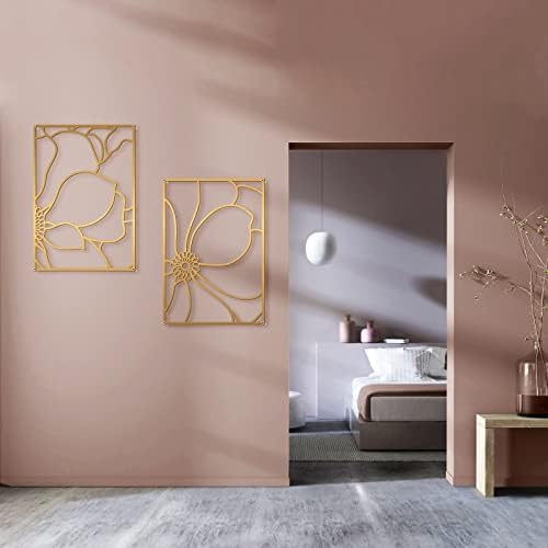 Glamativity Large 4 Pack Gold Wall Art, Minimalist Decor, Real Metal, Nature Floral Abstract, for Bedroom, Living Room