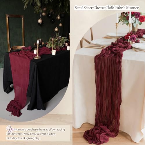 12 Pcs Burgundy Christmas Cheesecloth Table Runner 10Ft, Gauze Table Runners 21.5 x 120 inch,Semi Sheer Cheese Cloth Fabric Runner Bulk for Wedding,Party,Baby Shower,Bridal Shower