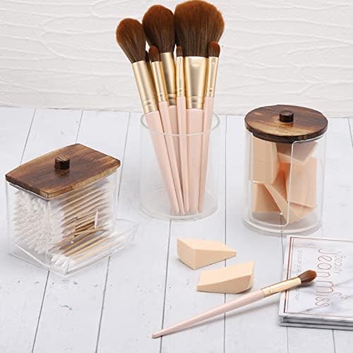 Tbestmax Bathroom Organizer Accessories Set-10 OZ Qtips Holder Storage with Wood Lids, Cotton Ball/Swabs Dispenser