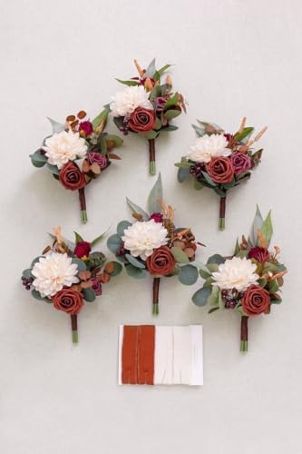 Laelfe 12 PCS Artificial Flowers Roses Silk Flowers Fake Long Stem Artificial Roses for Home Wedding Bathroom Kitchen Decorations(Brown Orange)