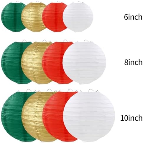 Christmas Paper Lanterns Red Green White Gold Hanging Paper Lanterns for Birthday Wedding Festival Christmas Party Decorations (12 PCS)