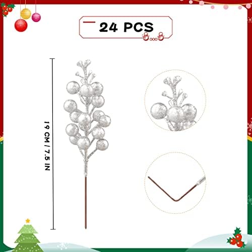 24 Pack Glitter Silver Berry Stems,7.5 Inch Christmas Sparking Silver Faux Winter Berry Sprigs,Artificial Berries Branches for Christmas Tree Garland Wreath Crafts Season Winter Home Decor
