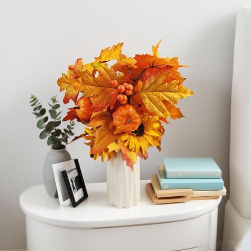 Fall Flowers Artificial for Decoration,16.9 In Fall Floral Stems Picks with Pumpkin Pinecone Sunflower Berry Maple Leaf Stem for Autumn Harvest Thankgiving Home Table Centerpiece Floral Arrangements