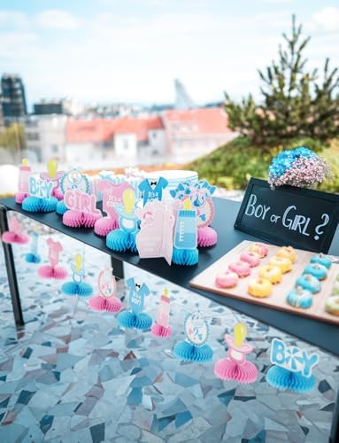 12 Pcs Baby Gender Reveal Table Decorations, Boy or Girl Centerpieces for Tables Honeycomb Centerpieces Blue and Pink Table Decor for Baby Shower Pregnancy Announcements Newborn Party Supplies