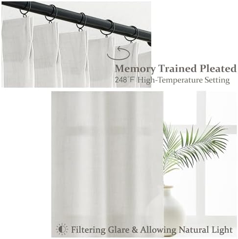 PleatedDrapes Beige White Sheer Linen Curtains 96 Inches Long for Bedroom, Neutral Modern Window Pinch Pleat Living