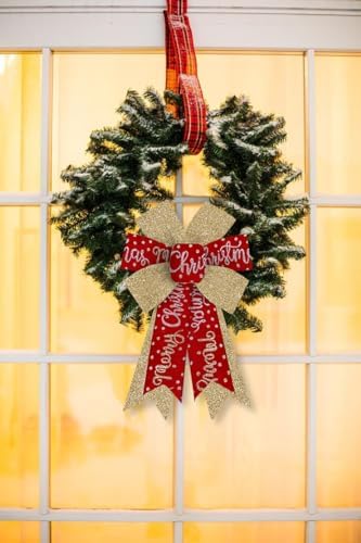 Hying 2 Pieces Christmas Bows for Wreath, Christmas Wreath Bow Glitter Golden Red Bows Winter Xmas Craft Bows Ornaments for Front Door New Year Christmas Party Decoration Supplies