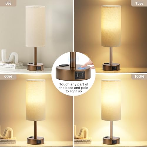 Fenmzee Brown Bedside Lamp for Bedroom, Dimmable Touch, USB A+C, AC Outlet