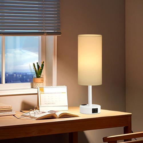 Fenmzee White Bedside Lamp for Bedroom, Dimmable Touch, USB A+C, AC Outlet