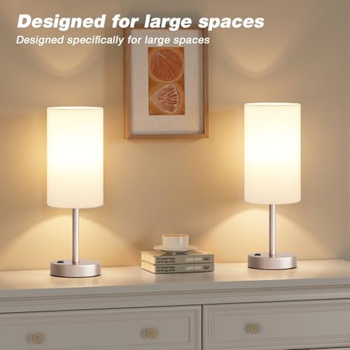 17.4" Antique White Lamp for Bedroom - Dimmable Touch, USB A+C, AC Outlet