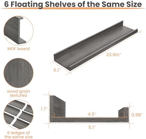 upsimples Floating Shelves for Wall Decor and Storage, Grey, 6Pcs 23.6''