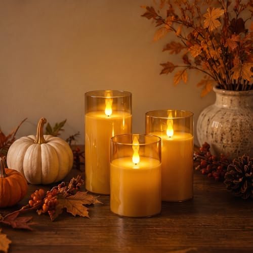 Homemory Amber Flameless Candles, Battery Operated Acrylic LED Pillar Candles with Remote Timer, Realistic Flickering Fake Candles for Home Decor, Thanksgiving, Christmas, Wedding, Set of 3