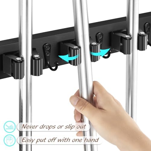 OUTNILI Mop and Broom Holder Wall Mount - Black Broom Mop Hanger - Wall Mounted Garden Tool Rack Organizer for Closet