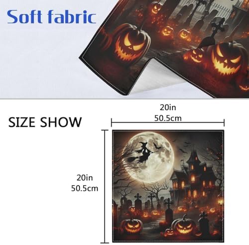 Halloween Witch Cemetery Cloth Napkins 20x20 Inch, 4 Pack Washable Dinner Napkins Reusable Napkins for Banquets, Weddings, Holiday, Party and Daily Use