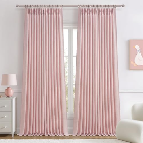 Pretty Light Pink Semi Sheer Curtains 96 Inches Long for Living Room 2 Panels Set, Memory Shaped Pinch Pleated 8 FT