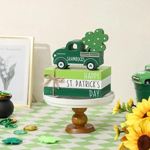 St. Patrick's Day Decor with Shamrock - Decorations for Tabletop Tiered Tray, Farmhouse Wooden Truck Signs with Book Stack, Coffee Bar Accessories, Home Bedroom Living Room Shelf and Mantle Decor