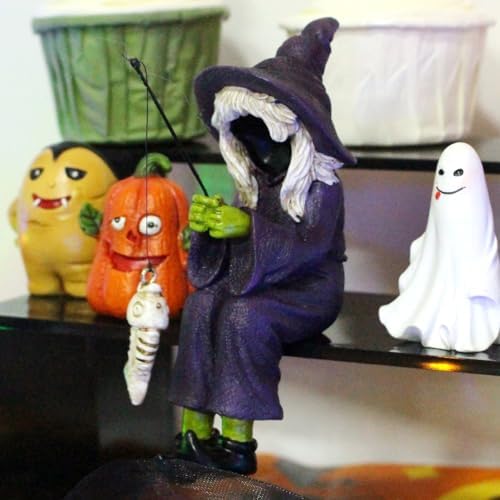 Witch Fishing Decor - Halloween Shelf Sitter Statue, Aquarium and Garden Pond Edge Ornament, Resin Gothic Figure for Water Tank Rim, Witch Hat Halloween Decorations