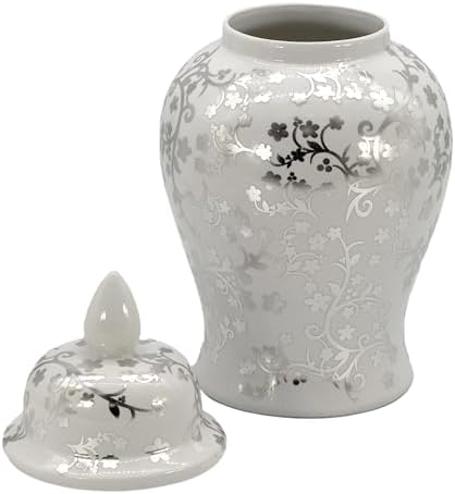 Galt International Silver & White Floral Blossom Ceramic Ginger Jar 18" w/Lid - Temple Jar Home & Kitchen Decor for