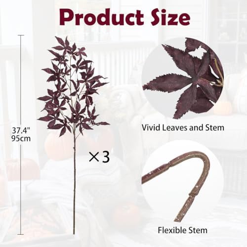 Hollyone 3Pcs Fall Leaf Stems Artificial Japanese Maple Leaves Branches Fake Fall Stems Plants Faux Maple Shrubs Leaf Bushes for Home Decor Autumn Halloween Thanksgiving Festival Decorations Burgundy