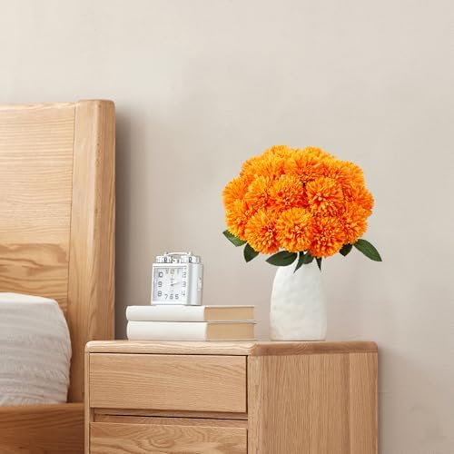 SITUMEIZI 12 Pcs Orange Artificial Chrysanthemum Flowers, Fake Mums
