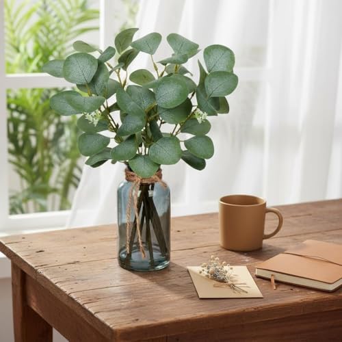 Artificial Eucalyptus Stems in Glass Vase / Black