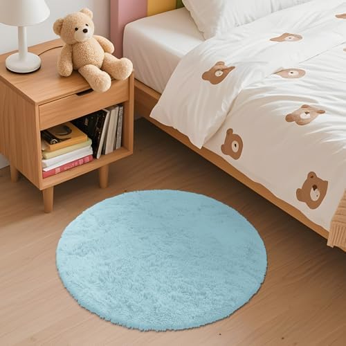 OLANLY Light Blue Round Rugs for Bedroom - Machine Washable, 2 ft Circle Area Rugs for Living Room, Soft and Fluffy