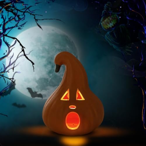 Evelyne Halloween Decoration – Light-Up Jack-O’-Lantern Ghost Face with Curved Stem – Indoor Tabletop Fall Decor, Pumpkin – Cute Spooky Autumn Accent for Home or Office