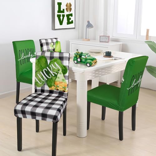 St Patricks Day Chair Covers Set of 6 Shamrock Gnome Dining Chair Seat Cover Stretch Removable Green Chair Slipcover Protector for St Patrick's Dining Room Kitchen Home Decor