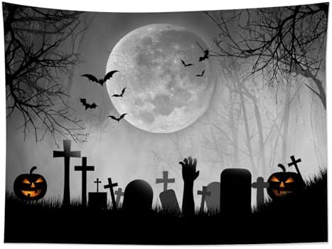 LB Halloween Full Moon Tapestry Horror Black Bat Pumpkin and Cemetery in Misty Forest Wall Tapestry for Bedroom Spooky Night Sky Wall Art for Living Room Decor, 80 x 60 Inches