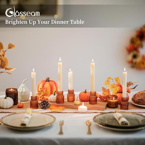 Glasseam Glass Tapered Candlestick Holders, 2 Pcs Amber Fall Table Decor